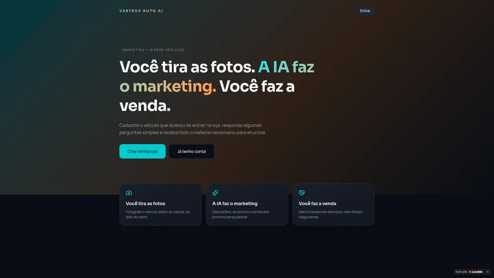 Tela inicial da plataforma Vertexx Auto AI com hero em tema escuro