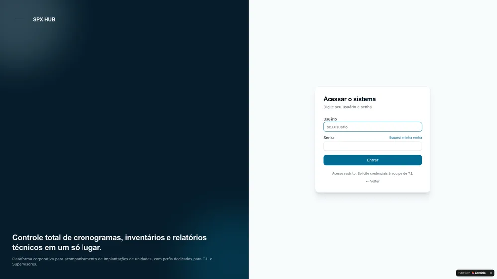 Tela de login do SPX HUB com painel institucional ao lado