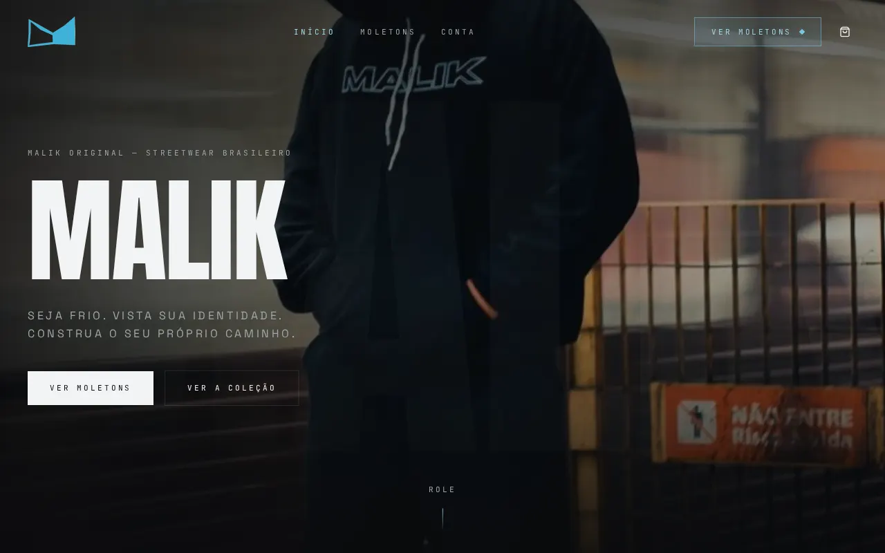 Página inicial da loja Malik Streetwear com modelo de moletom