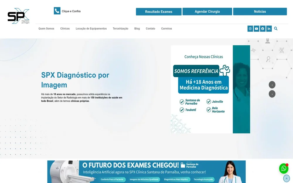 Página inicial do site da SPX Diagnóstico por Imagem
